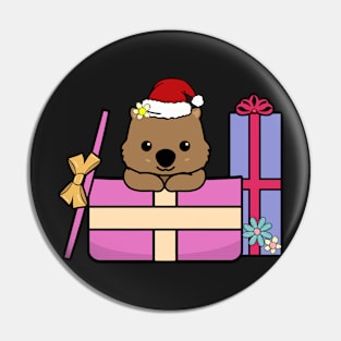 Christmas Wombat in a Present Pin