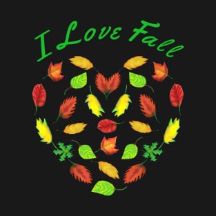 I Love Fall. Heart Made of Autumn Leaves for Nature Lovers. (Black Background) T-Shirt