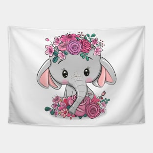 Cute little elephant with flowers on his head. Tapestry