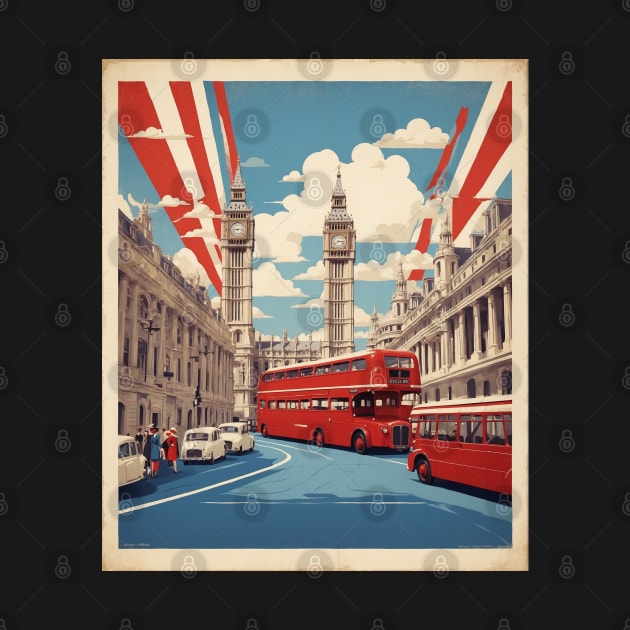 London England Double Decker Bus Vintage Travel Tourism Art by TravelersGems