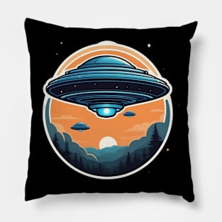 Blue flying saucer on sunset landscape with trees Pillow