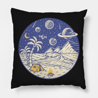 Camping under the moon and Planets - hand drawn Pillow