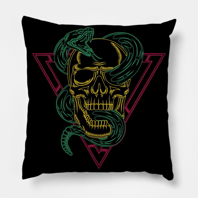 Retro 80s Style Neon Skull Snake Pillow by JHughesArt