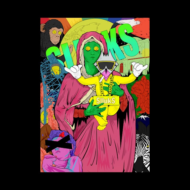 Dope Slluks chicken character chilling with virgin Mary montage colorful  illustration by slluks_shop