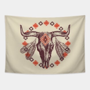 Southwestern Bull Cow Skull BOHO Feathers Aztec Tapestry