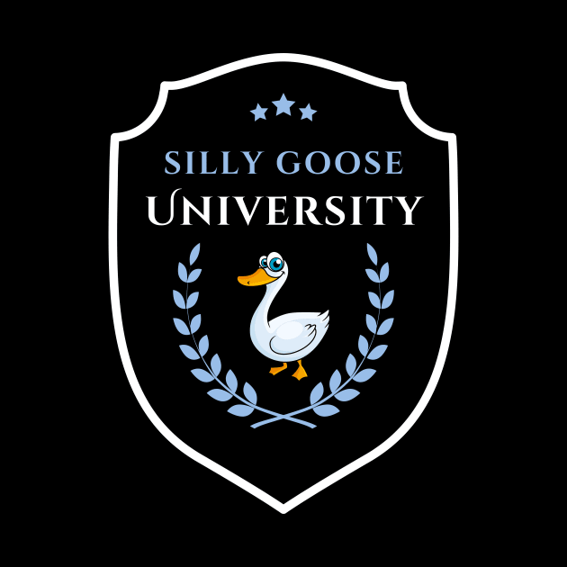 Silly Goose University - Funny Cartoon Goose Emblem With Blue Details by Double E Design