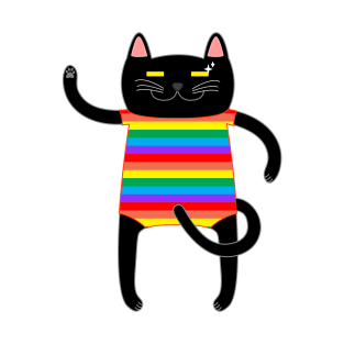 Black Cat Wearing a Rainbow Striped Onesie T-Shirt