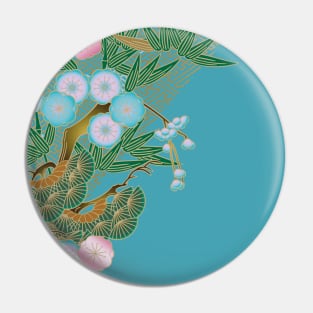 Cherry blossom, bamboo and pine tree on azure background Pin