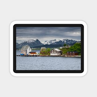 Wooden Buildings and Mountains in Alesund Norway Magnet