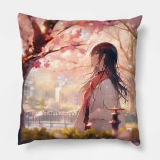 Girl in a garden full of sakura trees anime Pillow