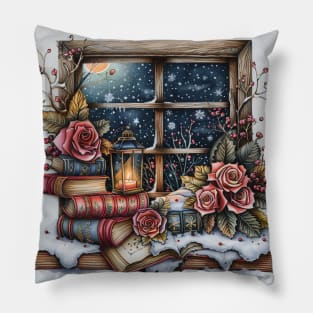 Fantasy winter starry night window Pillow