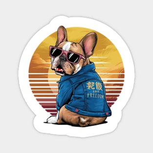 A vibrant vector illustration of a French Bulldog wearing sunglasses and a blue jean jacket, embodying a carefree(2) Magnet