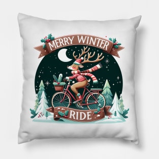 Merry Winter Ride - Christmas reindeer on a bicycle Pillow