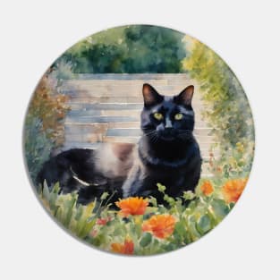 Black Cat In Garden Watercolour Cat Art Pin