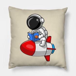 Cute Astronaut Reading Book on Rocket Cartoon Pillow