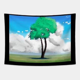Peaceful Single Tree Scenery - Standalone Tree in Green Field Tapestry