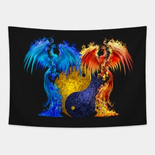 Fantasy Fire And Ice Phoenix Yellow Blue Yin Yang Tapestry