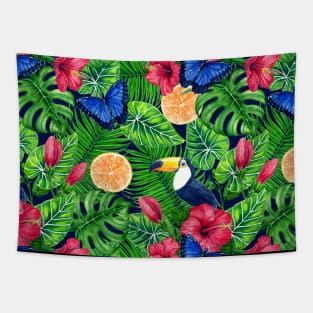 Toucan and tropical garden watercolor Tapestry