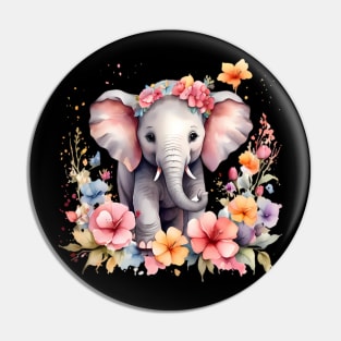 A baby elephant decorated with beautiful watercolor flowers Pin