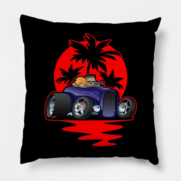 Hot Rod Couple Cruise at Sunset with Palm Trees Car Design Pillow by hobrath