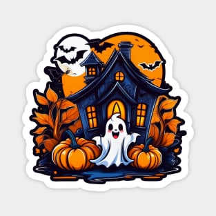 Pumpkin Lanterns' Eerie Glow: A Ghost House Tale Magnet