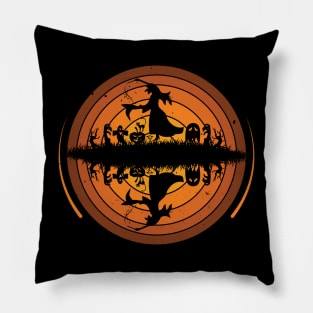 Silhouettes of Crazy Witch in Halloween Night Pillow