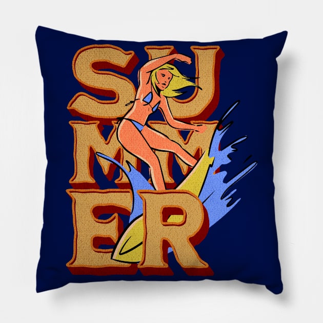 Retro Summer Surfer Girl Pillow by ReaverCrest