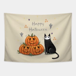 Halloween cute black cat and spooky pumpkin. Tapestry