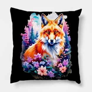 Red Fox with Flowers and Forests Pillow