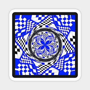 Blue Black and White Double Layer Swirl and Checkered Pinwheel Magnet