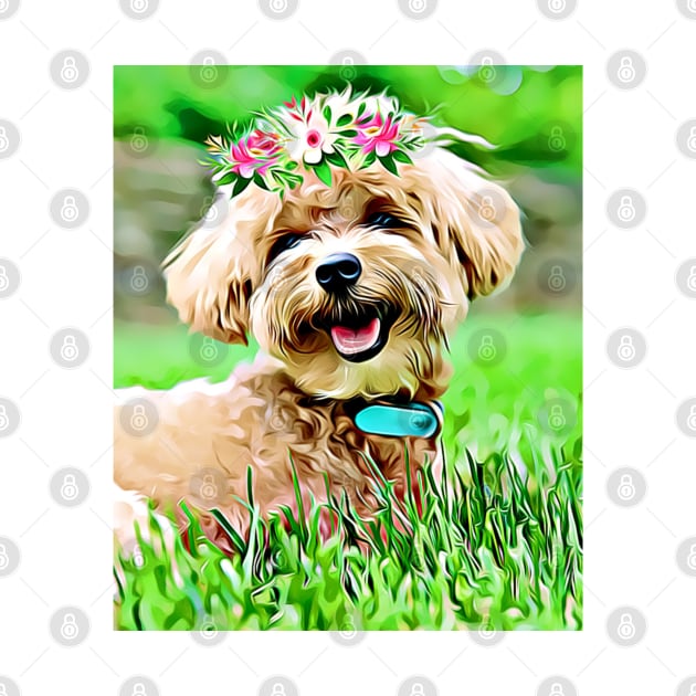 Cute Maltipoo with flower hair wreath by AdrianaHolmesArt