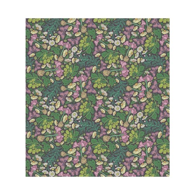 Pink hyacinth with chamomile and green hop on dark background by PinataFoundry