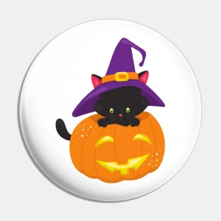 Halloween Cat, Black Cat, Witch Hat, Pumpkin Pin