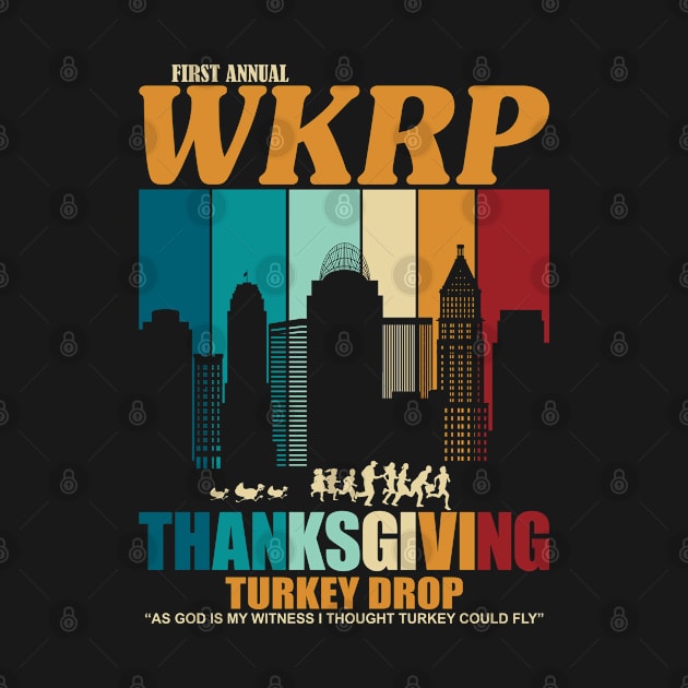 Thanksgiving Day WKRP Turkey Drop in Cincinnati City Skyline Silhouette by beardline