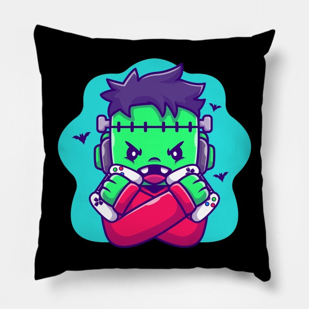 Cute Frankenstein Zombie Gaming Cartoon Pillow by Catalyst Labs