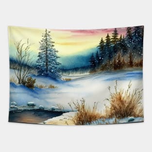 Chritsmas Snow Winter Watercolor Landscapes series 5 Tapestry