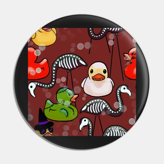 Spooky Halloween Rubber Ducks and Pink Flamingo Skeletons Dark Red Pin by JamieWetzel