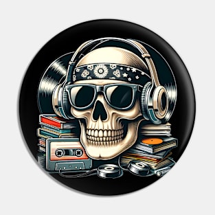 Skull head with headphones and sunglasses in a retro style. Pin