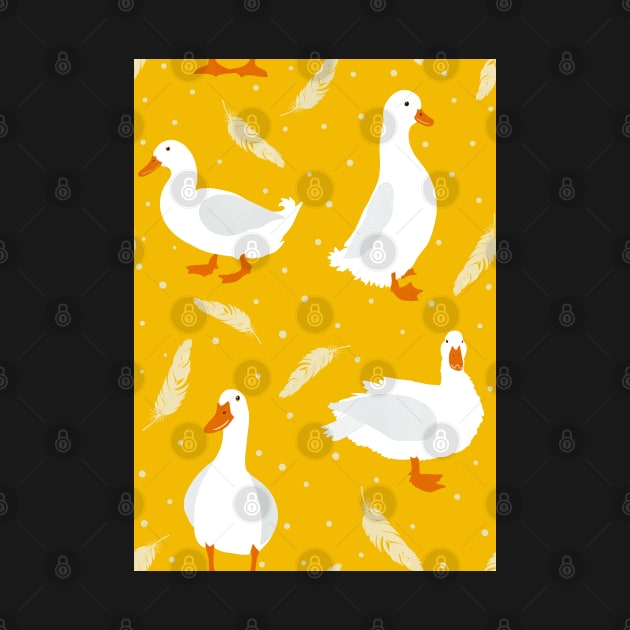 White Pekin Ducks with feathers and dots repeat pattern by NattyDesigns