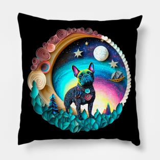 French Bulldog Frenchie Full Moon Galaxy Stars Trees Artwork Pillow