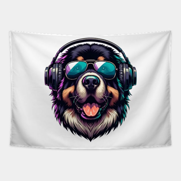 Newfoundland as Smiling DJ with Headphones and Sunglasses Tapestry by ArtRUs