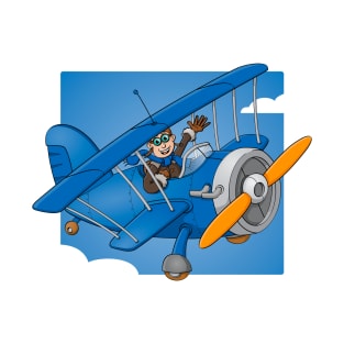 Funny drawing of a happy pilot in a blue airplane T-Shirt