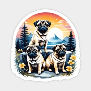 Three pugs outdoors Magnet