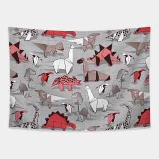 Origami dino friends // pattern // grey linen texture background red white and beige dinosaurs Tapestry