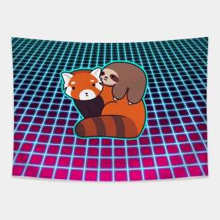 Red Panda and Little Sloth Vaporwave Grid Tapestry