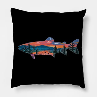 Trout Silhouette Fly Fishing Mountain Sunset River Stream Art Pillow