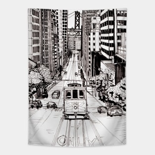 Cable Car San Francisco Cityscape USA Pen and Ink Illustration Tapestry