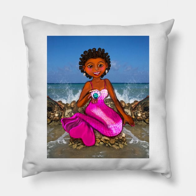 Mermaid Anime mermaid holding a rare black pearl,Afro hair in Bantu knots  and caramel brown skin - light background Pillow by Artonmytee