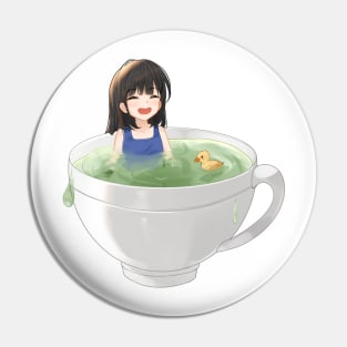 Cute Kawaii Anime Girl Is Bathing In Green Tea Cup Pin