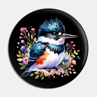 Belted Kingfisher And Flowers Pin